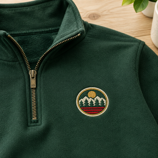 Custom logo on an embroidered quarter-zip by Tees And Quotes