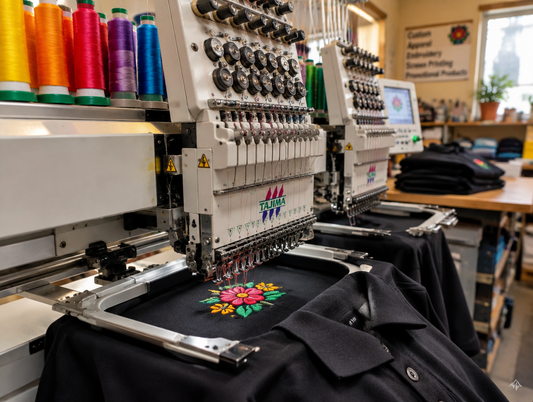 Embroidery machine stitching a custom logo at Tees And Quotes