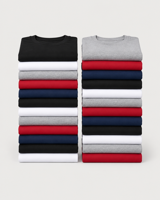 Two stacks of blank tees for 24-shirt bulk orders