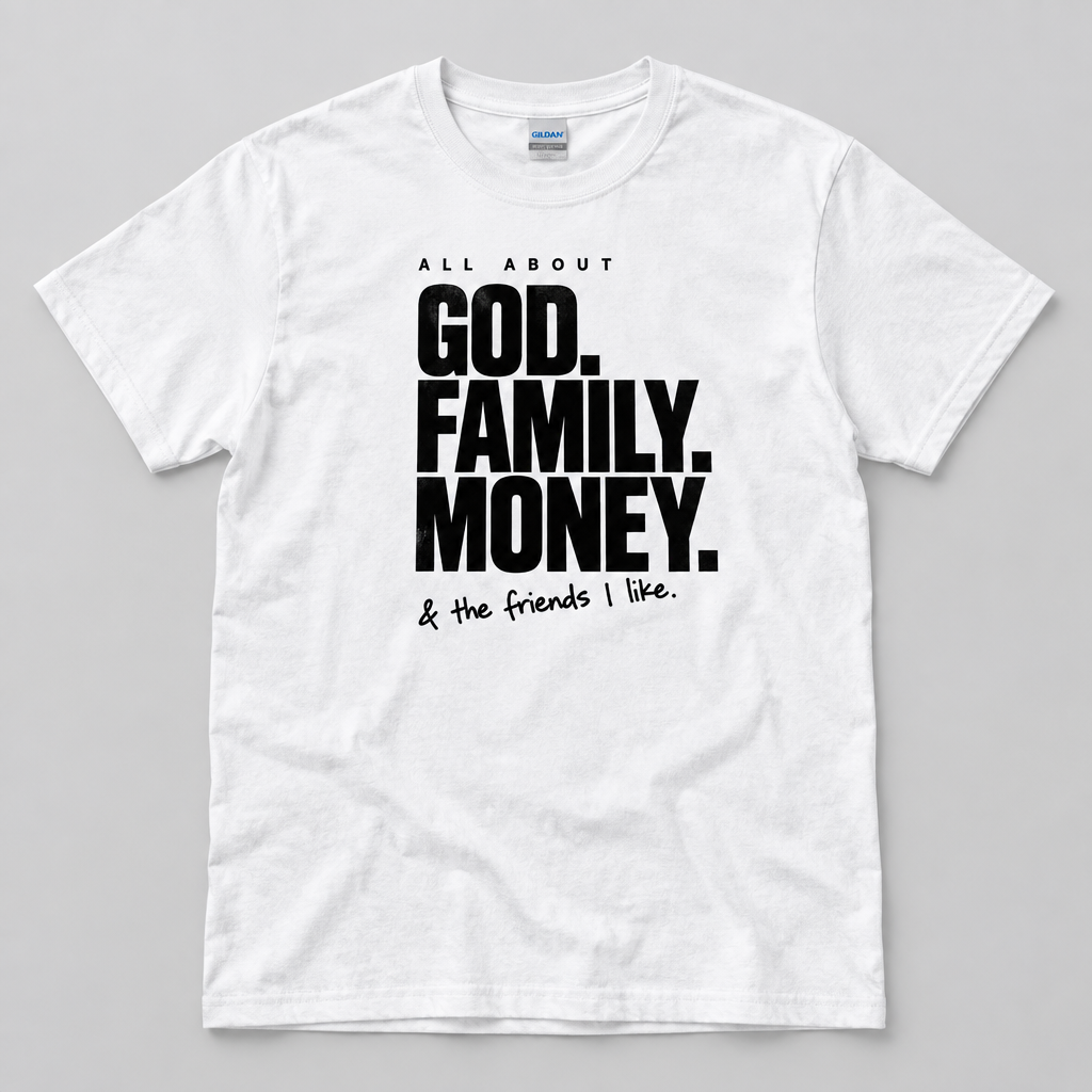 All About God, Family, Money and the friends I like tee on a white Gildan shirt
