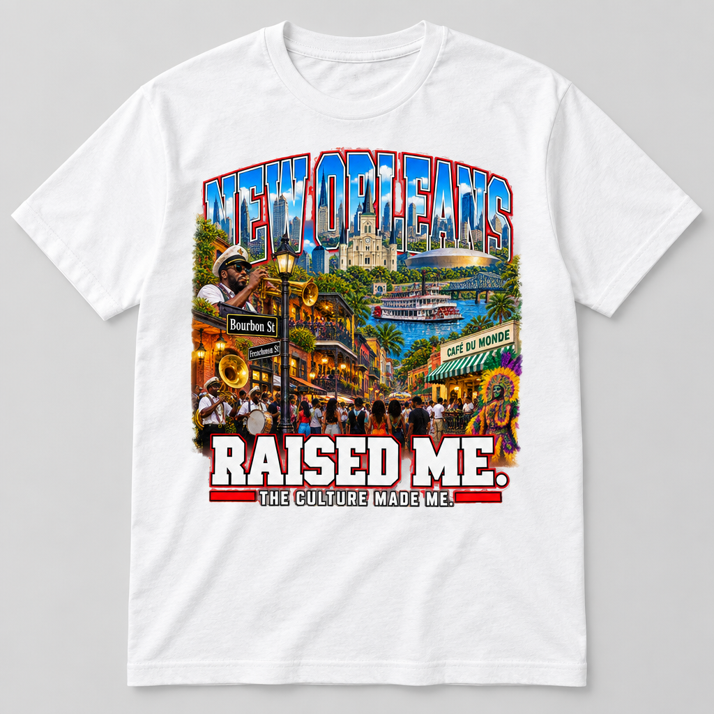 New Orleans Raised Me design on a white T-shirt