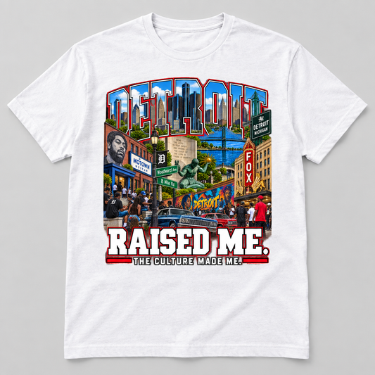 Detroit Raised Me design on a white T-shirt
