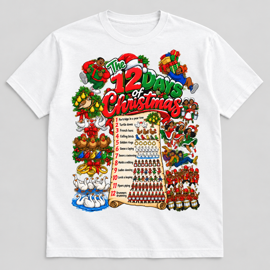 The 12 Days of Christmas design on a white T-shirt