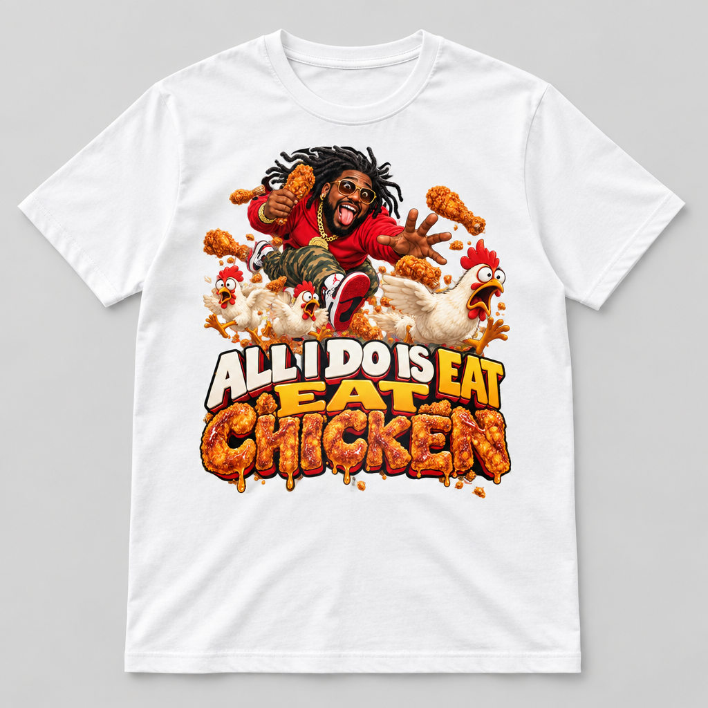 All I Do Is Eat Chicken design on a white T-shirt